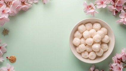 Traditional tangyuan in a bowl alongside Chinese ornaments and sakura blossoms on green backdrop, emphasizing festive dining