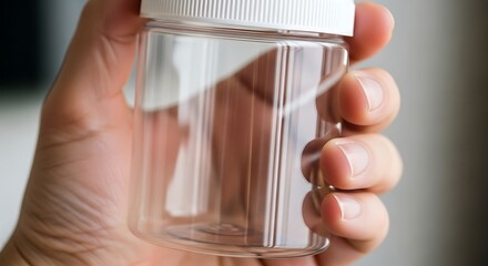 Hand gripping clear plastic container, mock-up for cosmetic or food products