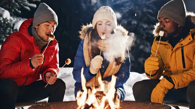 Diverse friends roasting and eating marshmallows around a fire pit at night. Happy group laughing while enjoying a winter evening outdoors in the snow. Friendship and camping concept