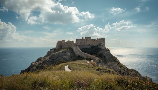Ancient fortress ruins on Rhodes with Monolithos landscape and sky, highlighting historical travel sites and natural scenery