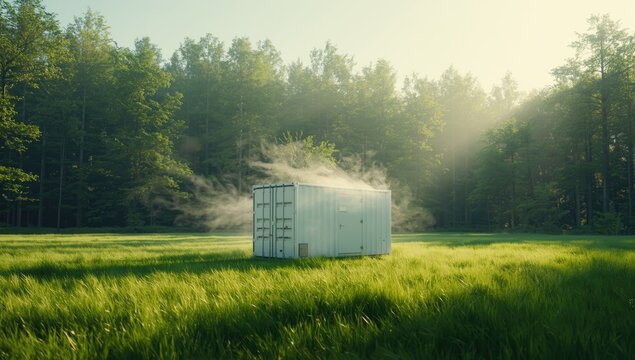 Container-based large-scale battery energy storage system placed in a green meadow with forest in the background, highlighting sustainable power solutions