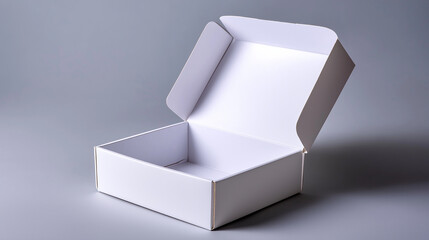 Empty open white cardboard box mockup, light gray background, ready for product placement, branding opportunity, packaging template, with copy space