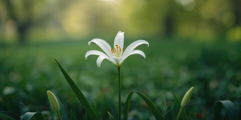 White rain lily with yellow pollen, six delicate petals, natural green background, focusing on plant health, World Plant Day