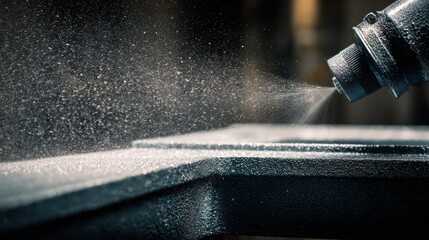 Closeup of metal frame receiving protective spray application highlighting precision and texture as the coating forms a resilient shield against environmental damage.