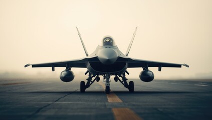 Fototapeta premium Military aircraft with landing gear and engine cover on a runway, illustrating aircraft safety checks