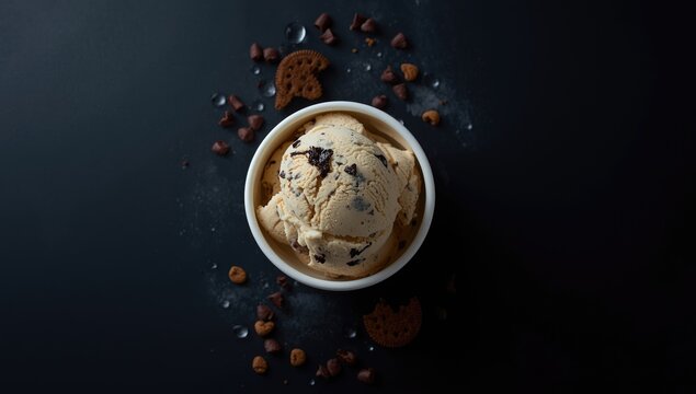 Creamy ice cream with cookies in a container, sugar-free treat for children, top-down perspective
