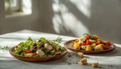 A pair of plated salads featuring leafy greens and vegetables, suitable for quick dining, World Nutrition Day