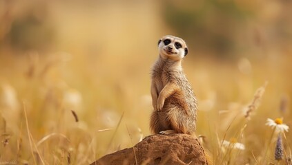 Meerkat, Suricate, Suricata suricatta standing on rocks, focusing on vigilance and group dynamics, Earth Day
