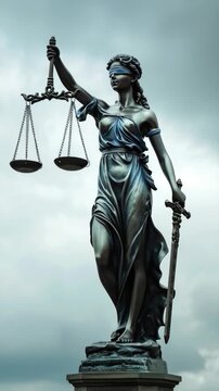 Video A statue of Lady Justice holding a sword and scales, suitable for law or government themes