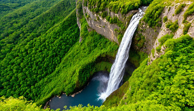 Aerial drone view of a massive waterfall flowing down into a lush green canyon, majestic nature landscape. - Powered by Adobe