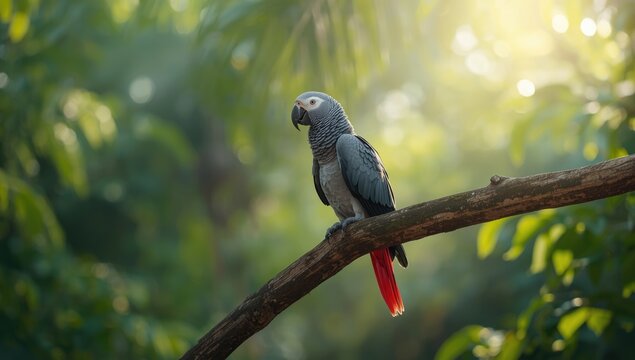 African grey parrot perched in a tree, highlighting avian species and habitat preservation