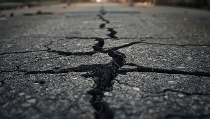 Obraz premium Damaged sidewalk with deep cracks and a large hole, highlighting urban infrastructure wear and tear