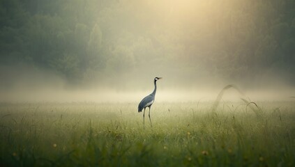 Fototapeta premium A tall crane in a springtime landscape with grass and forest backdrop on a misty morning, ideal for nature themes