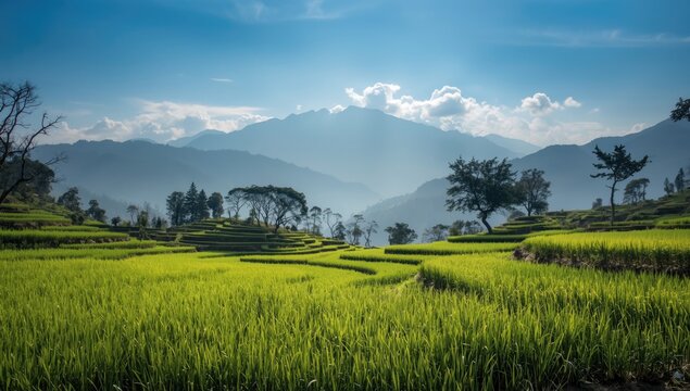 Vivid rice paddies nestled in Himalayan valley amid high peaks, suitable for nature backdrop or landscape layout