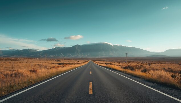 An empty roadway surrounded by mountains beneath a bright, cloudless sky, highlighting remote transportation routes - Powered by Adobe