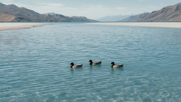Group of ducks gliding across Mansarovar lake, illustrating migratory bird behavior, World Bird Day