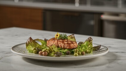 Salmon, lamb lettuce, and asparagus arranged for a health-focused dinner, balanced nutrition