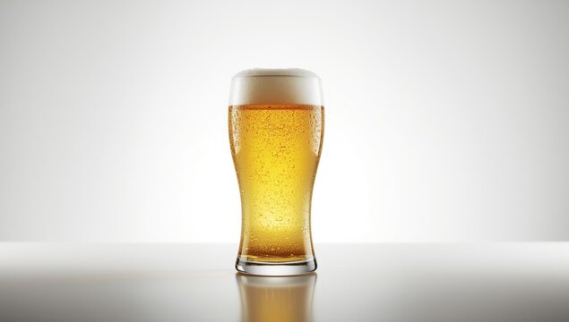 Close-up of a freshly poured beer in a pint glass highlighting foam and transparency, ideal for bar menu background