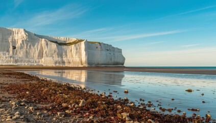 Low tide at Beachy Head with water and rocks, seasonal erosion, summer and spring, vibrant sea hues, ocean backdrop