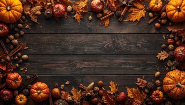 Fall-themed arrangement featuring dried leaves pumpkins apples nuts and cinnamon on dark wooden surface, seasonal display - Powered by Adobe