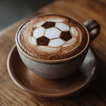 Soccer Ball Latte Art in Coffee Cup on Wooden Table