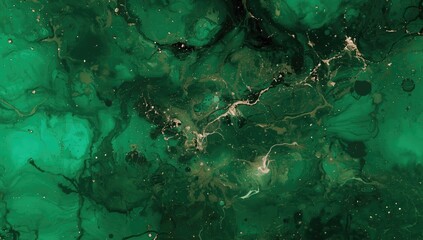 Fototapeta premium Abstract emerald background crafted with alcohol ink, featuring green and gold liquid patterns, scattered acrylic blobs, and swirling stains, artistic surface