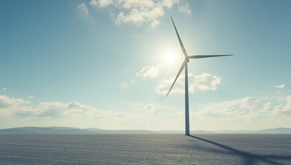 Wind turbine on a blue sky, illustrating sustainable power generation, Earth Day