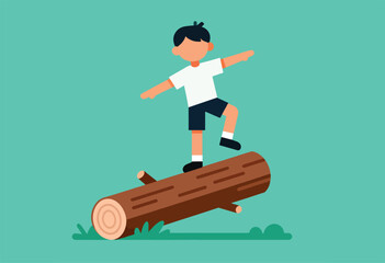 Child balancing on a fallen log in a park