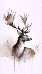 A majestic deer with antlers watercolor print, Ai generated image