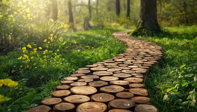Pathway constructed from cross cut logs and sawed wood slices, emphasizing natural materials in landscape architecture