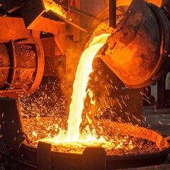 Molten metal pouring from a furnace, creating sparks