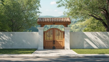 Fototapeta premium Rustic countryside architecture featuring a wooden gate with tiled roof and white boundary walls, focusing on traditional design
