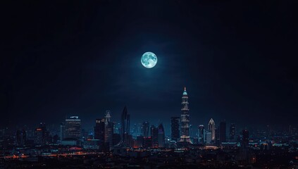 Fototapeta premium Nighttime cityscape with a full moon overhead, highlighting urban light pollution and celestial visibility, World Night Sky Day