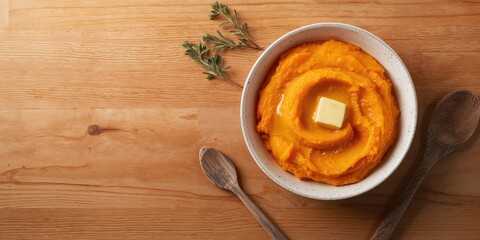 Mashed sweet potato on rustic wood surface, natural textures for food styling or culinary presentation