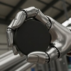 Metallic robot hand grasping a blank black circle, industrial backdrop