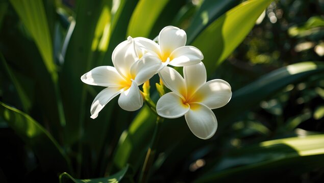 White Frangipani flowers in shadow, highlighting delicate petal details for floral pattern background