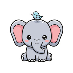 Fototapeta premium Cute Cartoon Elephant with Bird on Head.