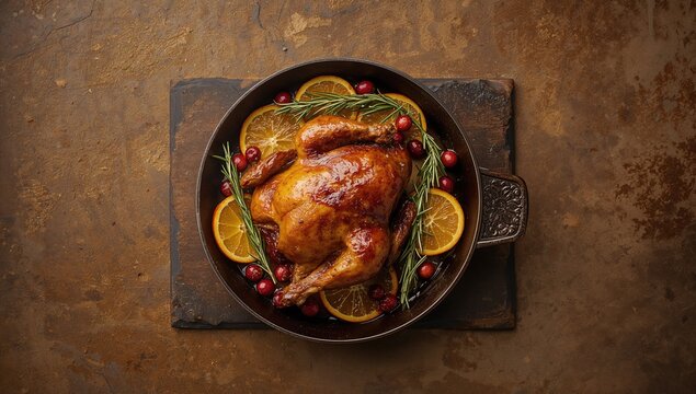Skillet of roasted chicken garnished with oranges, rosemary, and cranberries, ideal for seasonal holiday meals