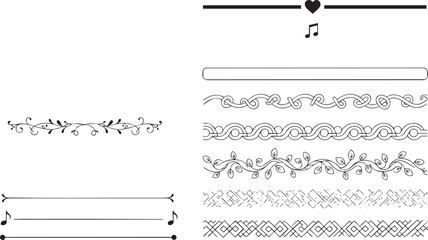 Ornate black and white decorative borders and frames with floral and musical elements