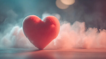 A vibrant red heart shape emerges from a cloud of swirling white smoke