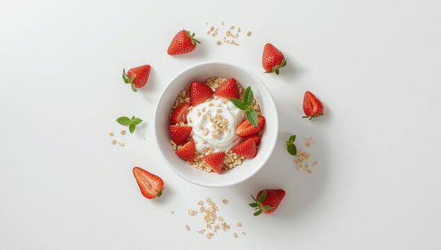 Bowl of yogurt topped with granola and strawberries, highlighting a fiber-dense meal, International Nutrition Day - Powered by Adobe