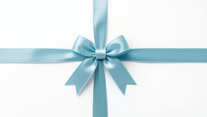 Light blue satin silk ribbon tied bow isolated on white, used for crafts and gift packaging, decorative accessory
