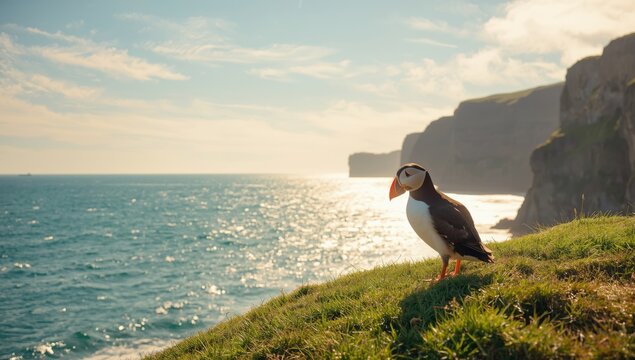 Sea and grass landscape with a puffin bird on Westfjord during summer, highlighting coastal wildlife and nature
