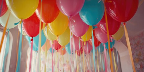 Colorful balloons with ribbons in a close-up shot, typical of party decorations and joyful events