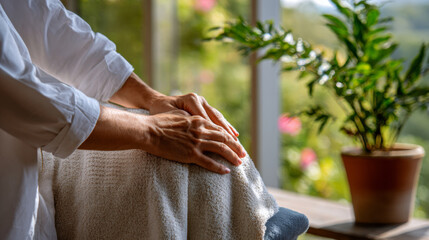 Hands pressing gently towel covered back, relaxing massage therapy bright natural spa setting