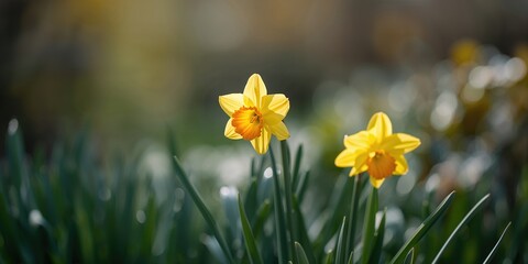 Obraz premium Bright yellow and orange daffodil in bloom, seasonal floral display, Earth Day