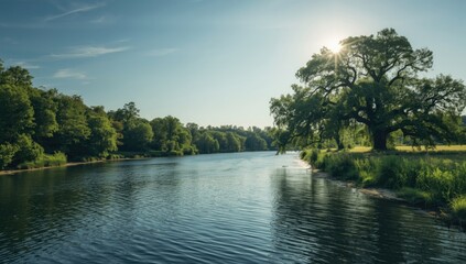 Fototapeta premium Water and sky backdrop in a lush springtime setting with grass and trees, ideal for travel or nature layouts