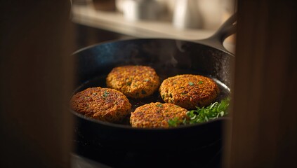 Plant-based burger patties cooking in a skillet, highlighting alternative protein sources