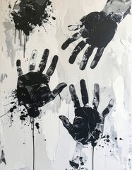 Monochrome abstract art with three black handprints and paint splatters