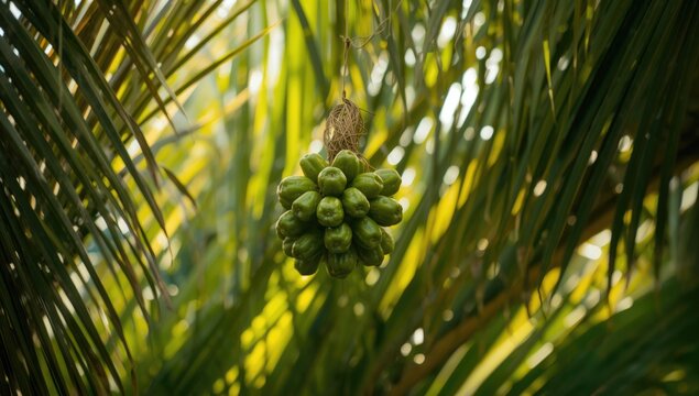 Green dates on a palm tree during harvest season, illustrating fresh fruit development